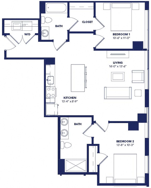 Floor plan for 2 beds, 2 baths, 1012 sqft